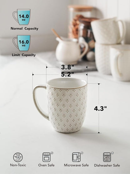 LE TAUCI Ceramic Coffee Mugs Set of 4, 16 oz, Embossed, Arctic White