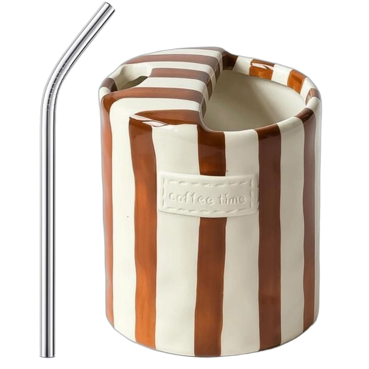 Ceramic Coffee Mugs 10 oz Retro Striped Coffee Mug No Handle with Straw