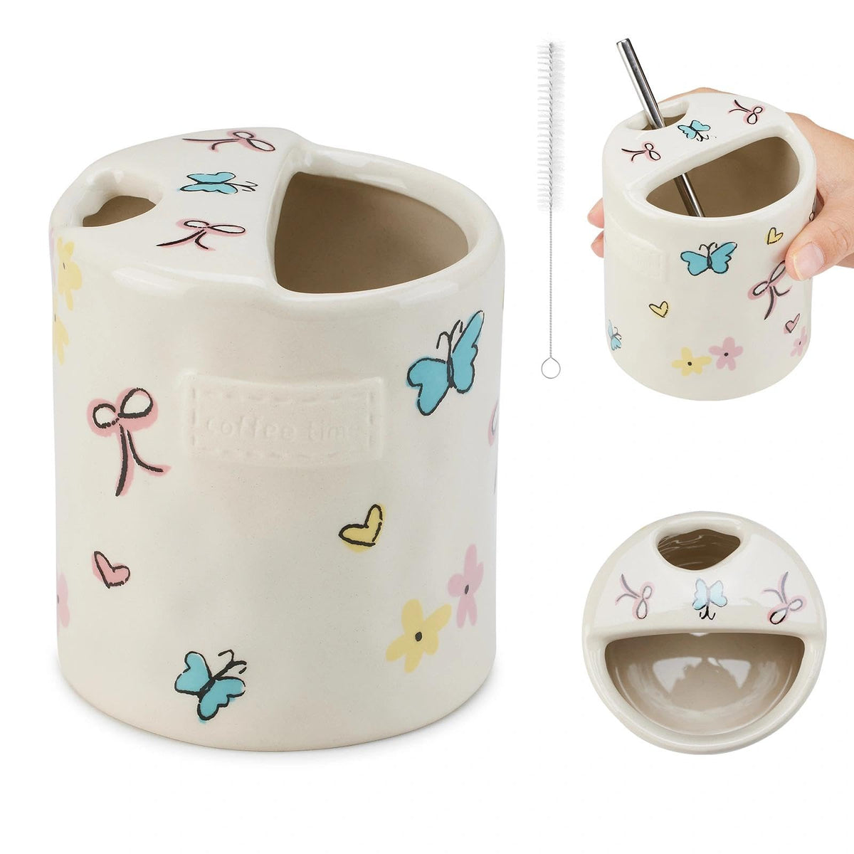 Ceramic Coffee 16oz Mug Hand-Painted Espresso Cup，with Sip Hole and Brush Retro Ceramic Travel Mug For Kitchen, Dining，Microwave Safe (Spotted cream)