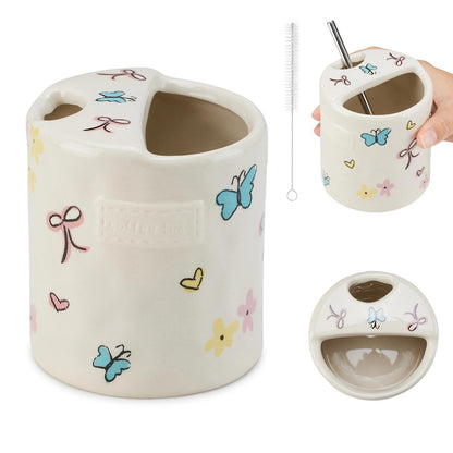 Ceramic Coffee 16oz Mug Hand-Painted Espresso Cup，with Sip Hole and Brush Retro Ceramic Travel Mug For Kitchen, Dining，Microwave Safe (Spotted cream)