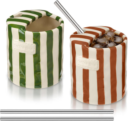 2 Pack Ceramic Coffee Mug with Sip Hole, Simple, Green, Brown