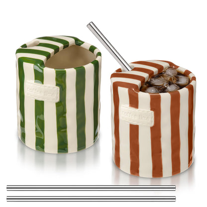 2 Pack Ceramic Coffee Mug with Sip Hole, Simple, Green, Brown