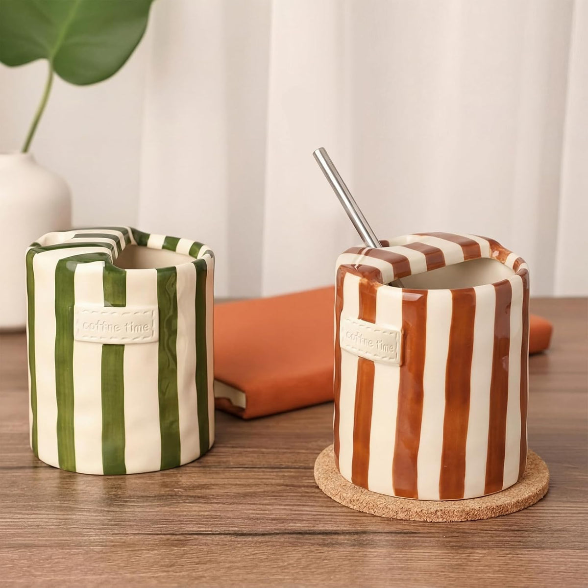 2 Pack Ceramic Coffee Mug with Sip Hole, Simple, Green, Brown