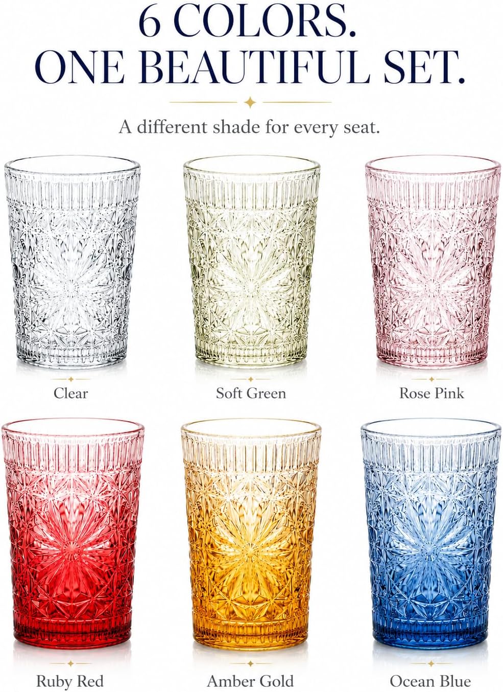 Drinking Glass Set of 6, 13oz Colored Glass Cup Glassware Set
