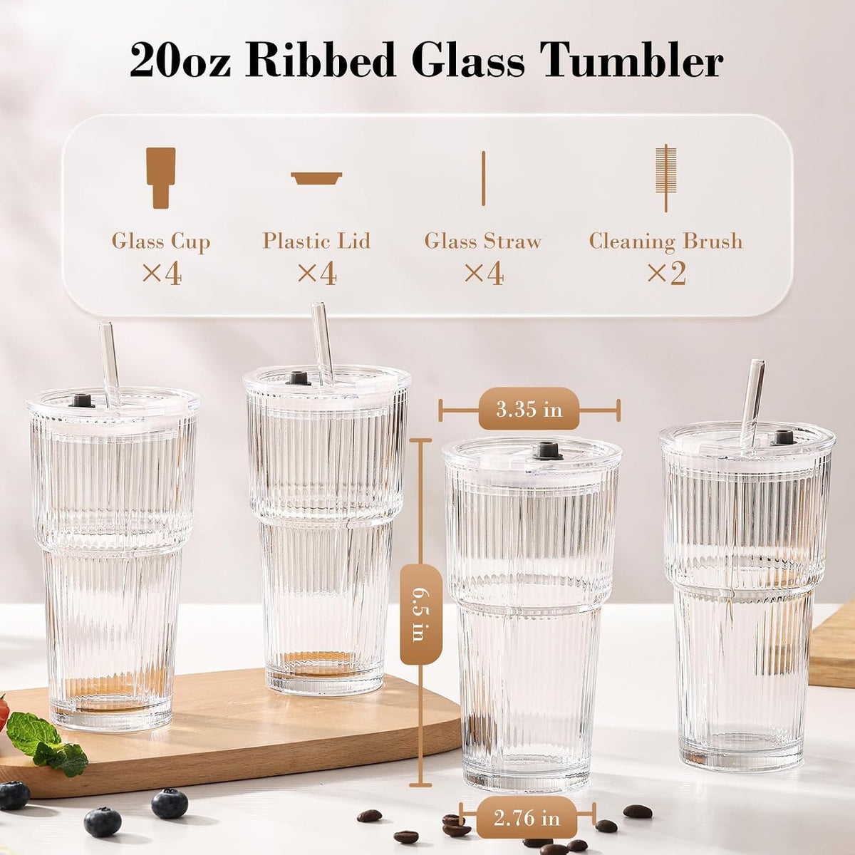 20oz Iced Coffee Cups with Lids, Ribbed Glass Cups with Lids and Straws
