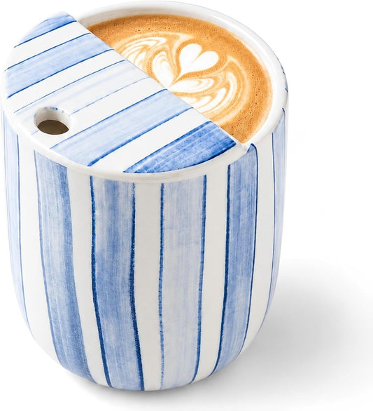 1 Pcs Ceramic Mug with Sip Hole 10 oz Blue Striped
