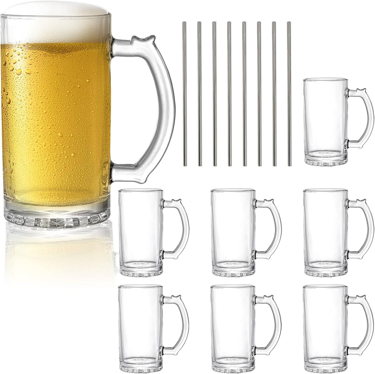 Okllen 8 Pack 16 Oz Glass Beer Mug with Handle, Heavy Large Glass Steins Beer Cups with Stainless Steel Straws, Heavy Base, Thick Drinking Glasses for Freezer, Bar, Cocktail, Alcohol, Beverages, Soda