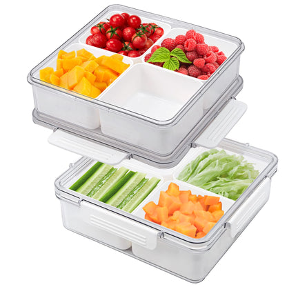 2Pack Divided Snackle Box with Lids Stackable Food Serving Tray for Fruit&Veggie Plastic Fridge Storage Container for Pantry Freezer Clear Snack Box for Meal Prep Candy Nuts Spice