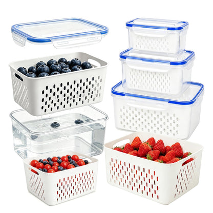 2 Pack Fruit Storage Containers for Fridge with Removable Colander, Grey