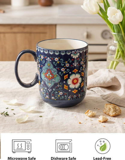 HENXFEN LEAD 14 oz Boho Ceramic Coffee Mug & Tea Cup - Midnight Blue