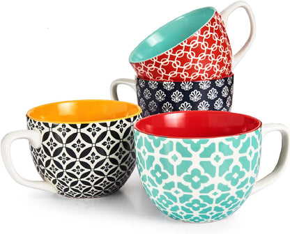 DOWAN 24 OZ Boho Mosaic Soup Mugs with Handle, Large Coffee Mugs Set of 4