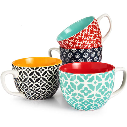 DOWAN 24 OZ Boho Mosaic Soup Mugs with Handle, Large Coffee Mugs Set of 4