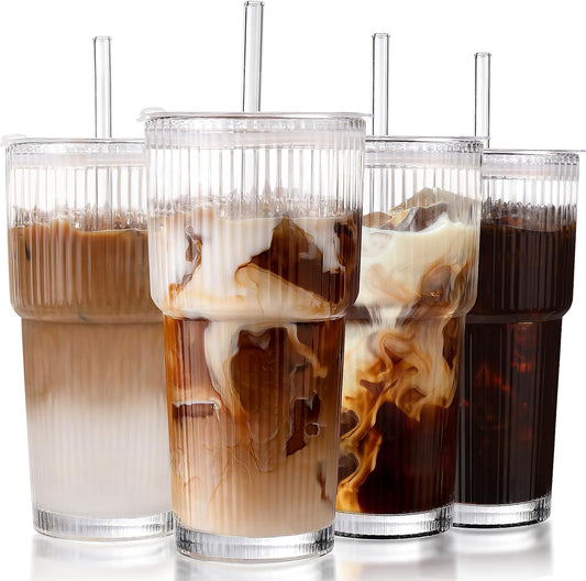 Iced Coffee Cups with Lids,Glass Cups with Lids and Straws,4 Coffee Tumbler