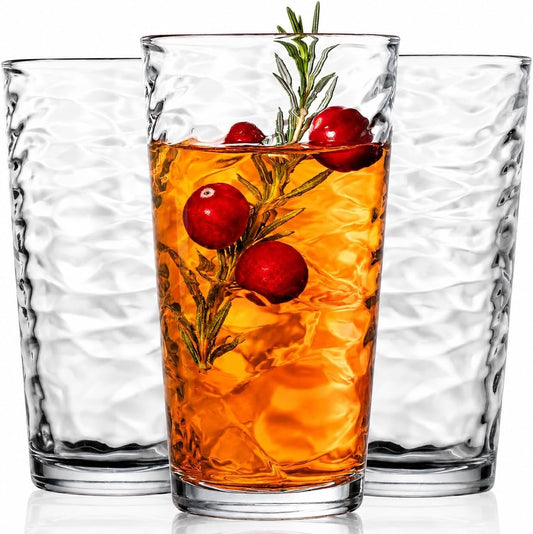 Glaver's 17 Oz Highball Drinking Glasses, Set of 10 Glass Cups and Tumblers | Tempered Glass, Heavy Base, Stackable, Dishwasher Safe, Lead-Free, BPA Free, Food Grade, Wavy Ribbed, Smooth Exterior
