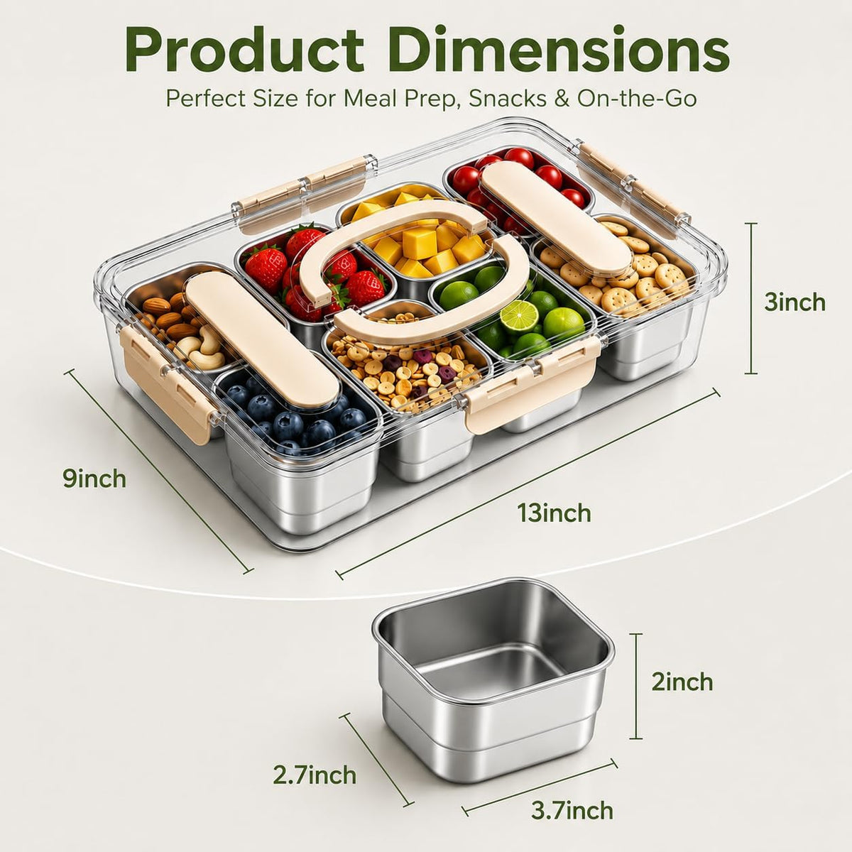 Stainless Steel Snackle Box, 8 Removable Snack Containers with Lids