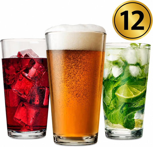 Drinking Glasses Set of 12-16 oz Glass Cups - Pint & Beer Glasses - Dishwasher Safe Water Glasses - Highball Tumblers