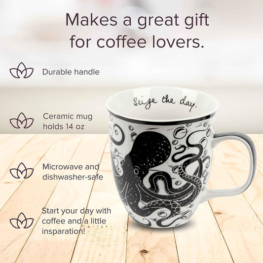Karma Gifts, 14 oz Black and White Boho Mug, Cute Coffee and Tea Mug, Ceramic Coffee Mugs for Women and Men, Octopus