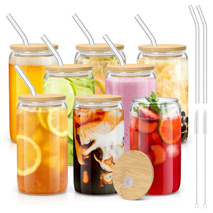Glass Cups with Lids and Straws - 16 oz Glass Drinking Cups Set for Coffee