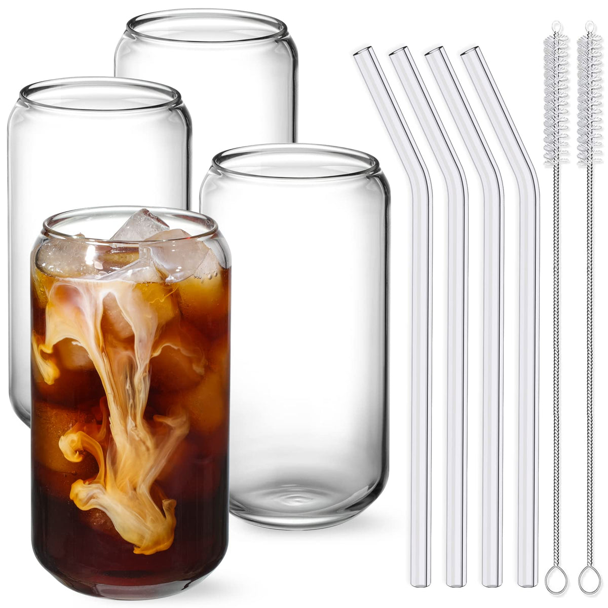 NETANY [ 8pcs Set ] Drinking Glasses with Glass Straw - 16oz Glass Cups, Beer Glasses, Iced Coffee Glasses, Cute Tumbler Cup, Ideal for Whiskey, Soda, Tea, Water, Gift - 2 Cleaning Brushes