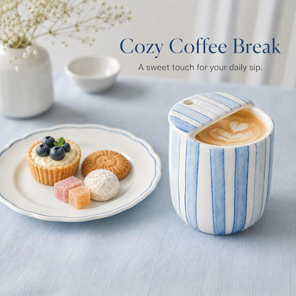 1 Pcs Ceramic Mug with Sip Hole 10 oz Blue Striped