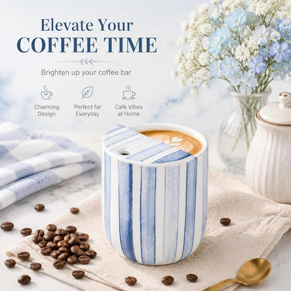 1 Pcs Ceramic Mug with Sip Hole 10 oz Blue Striped