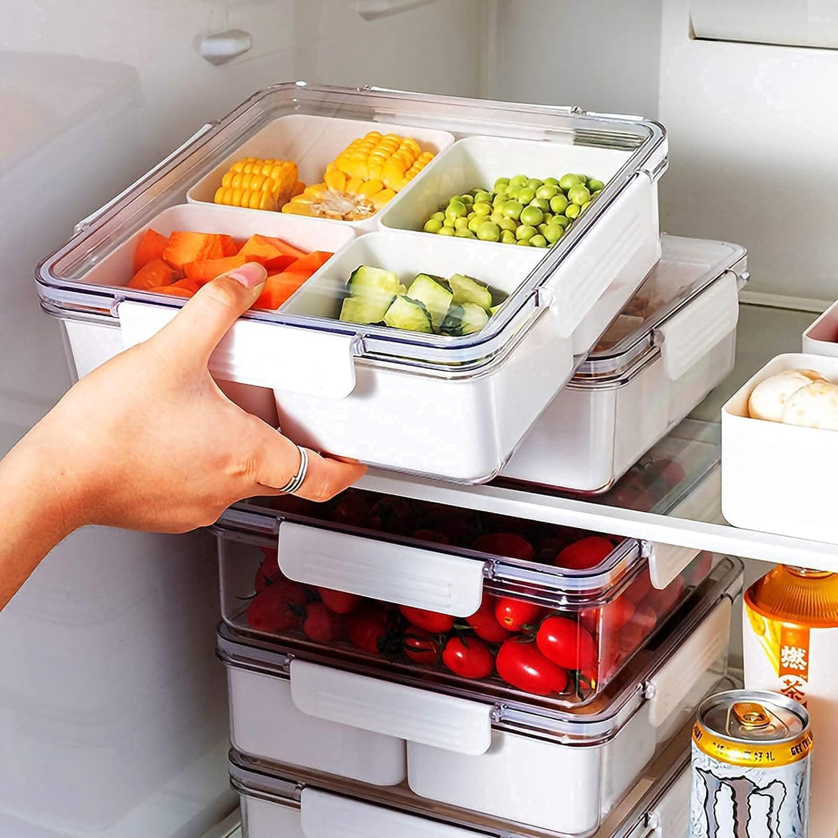 2Pack Divided Snackle Box with Lids Stackable Food Serving Tray for Fruit&Veggie Plastic Fridge Storage Container for Pantry Freezer Clear Snack Box for Meal Prep Candy Nuts Spice