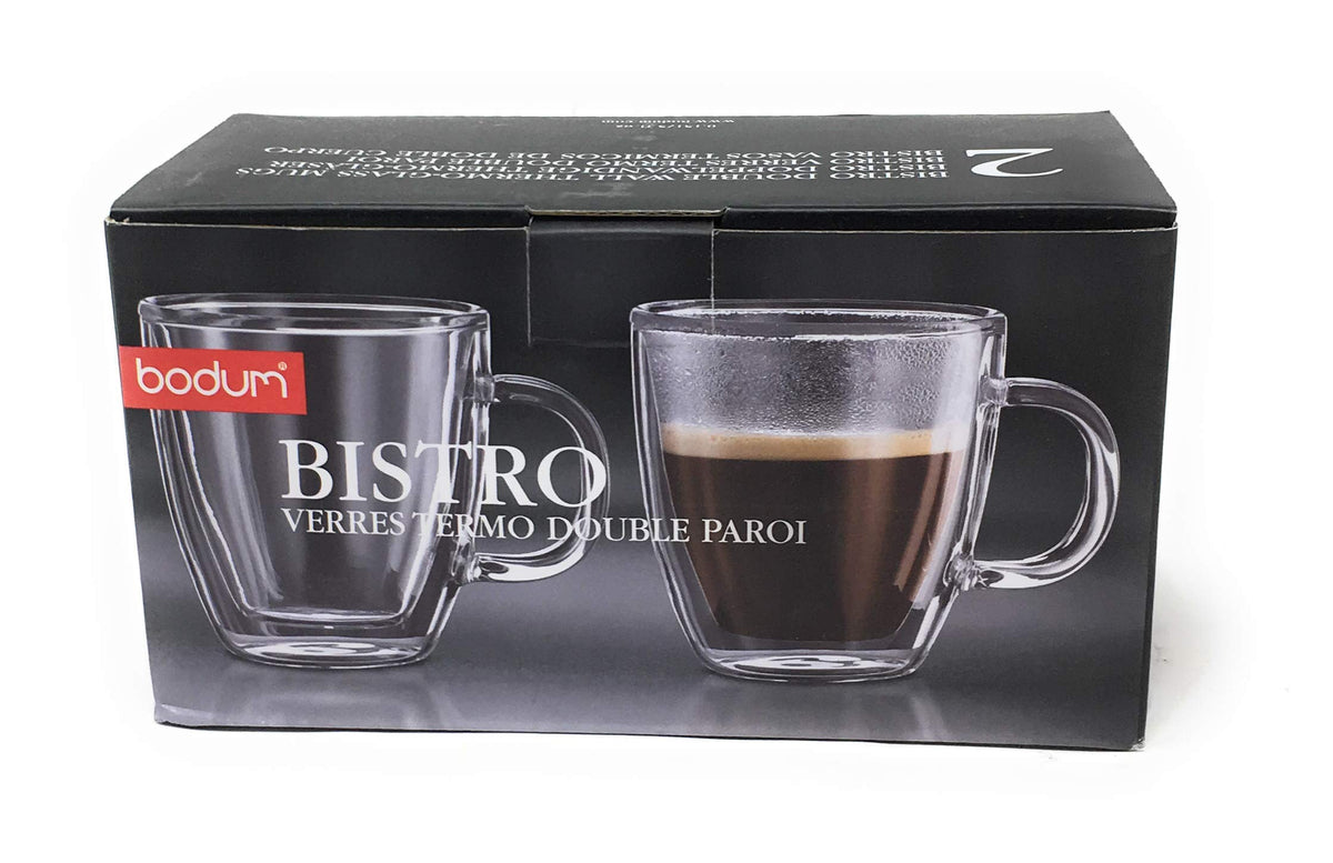 Bodum 10oz Bistro Double Wall Insulated Mug, High-Heat Borosilicate Glass, Set of 2, Clear