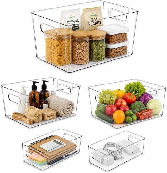 Set of 5 Stackable Fridge Organizers and Storage Bins, 2 Small, 2 Medium & 1 Large Clear Plastic Pantry Organizer Bins with Handles, BPA-Free PET Food Storage Boxes for Kitchen, Freezer & Cabinet