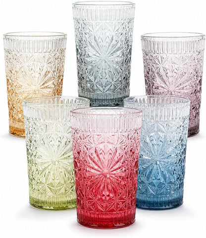 Drinking Glass Set of 6, 13oz Colored Glass Cup Glassware Set