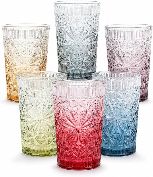 Drinking Glass Set of 6, 13oz Colored Glass Cup Glassware Set