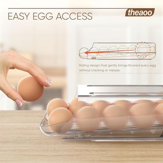 theaoo Egg Holder for Fridge, Automatic Rolling Egg Container, Clear, 2Pack