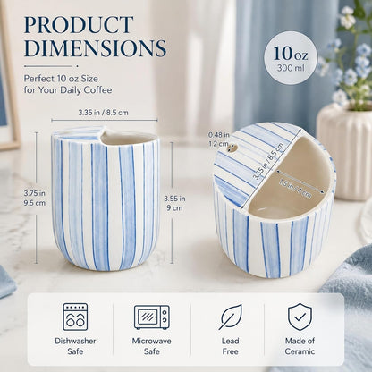 1 Pcs Ceramic Mug with Sip Hole 10 oz Blue Striped