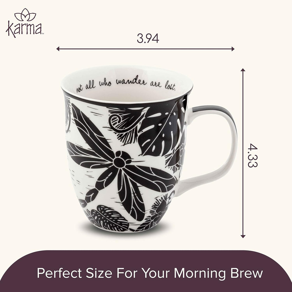 Karma Gifts, 14 oz Black and White Boho Mug, Cute Coffee and Tea Mug, Ceramic Coffee Mugs for Women and Men, Dragonfly