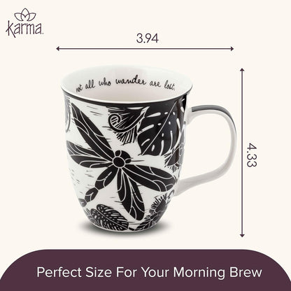 Karma Gifts, 14 oz Black and White Boho Mug, Cute Coffee and Tea Mug, Ceramic Coffee Mugs for Women and Men, Dragonfly