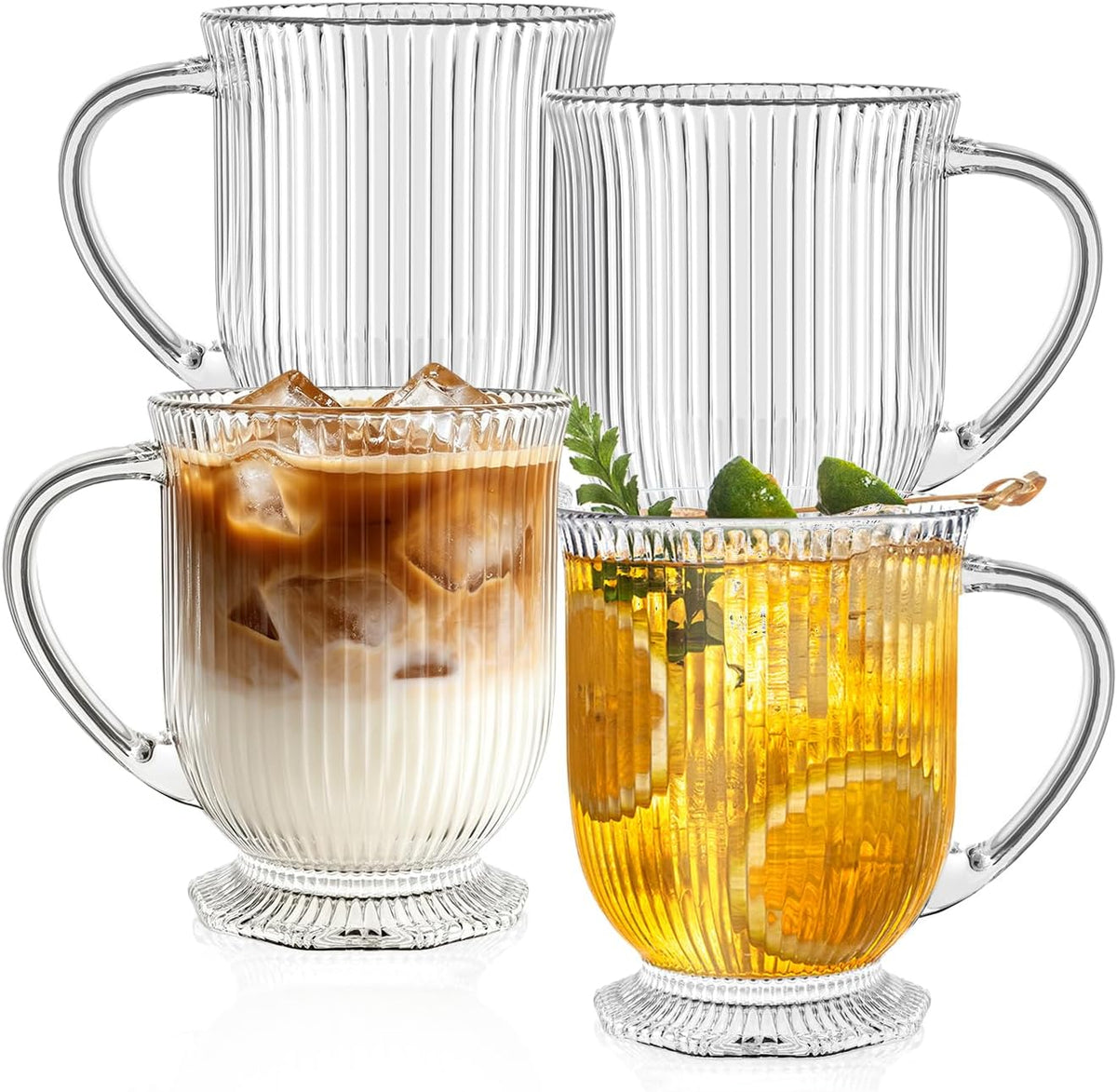 KEMORELA 16oz Ribbed Glass Coffee Mugs Set,Large Glass Mugs with Handle