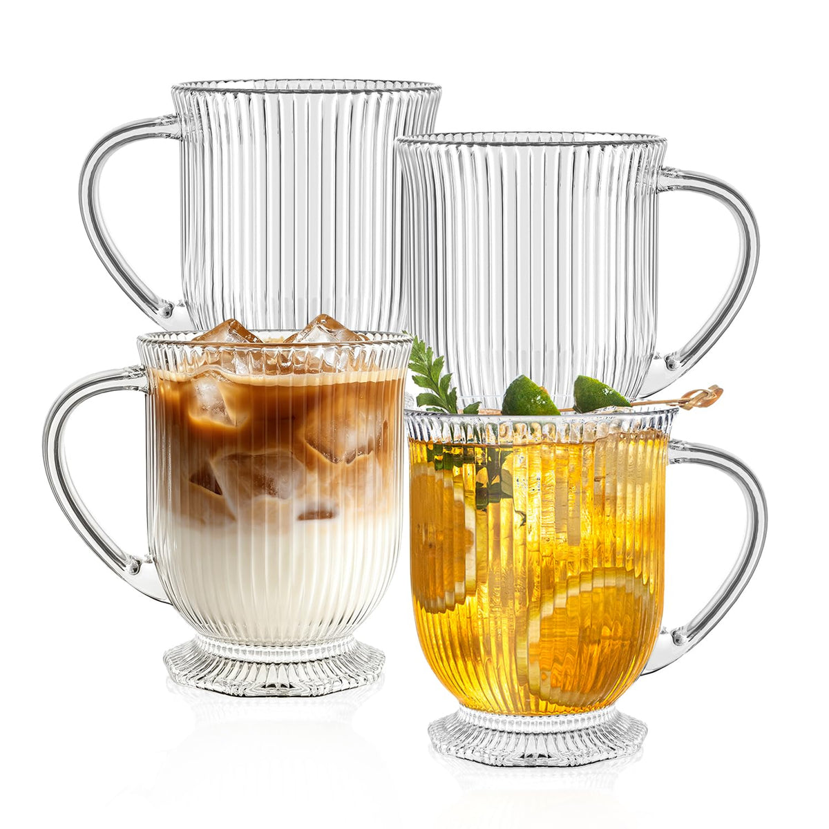 KEMORELA 16oz Ribbed Glass Coffee Mugs Set,Large Glass Mugs with Handle