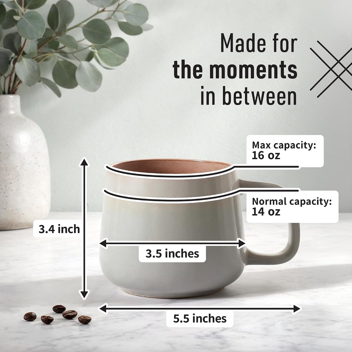 Ava Nord Large Stoneware Ceramic Coffee Mugs Set of 4 | 16 oz | Sage Ash