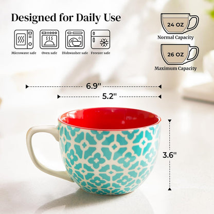 DOWAN 24 OZ Boho Mosaic Soup Mugs with Handle, Large Coffee Mugs Set of 4
