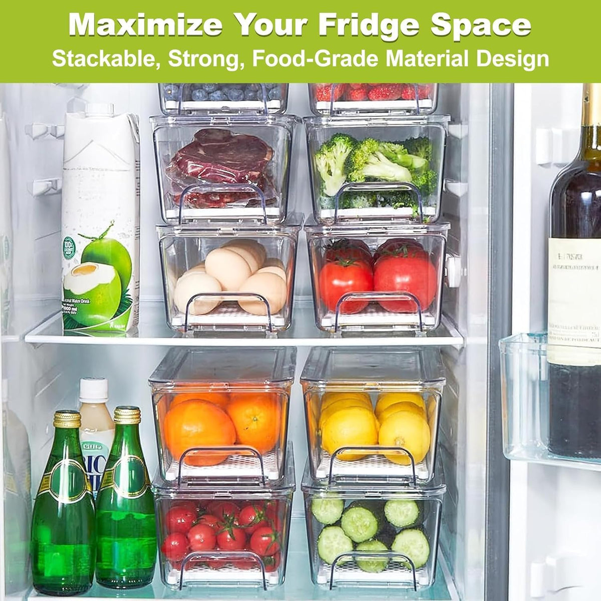Fridge Organizer, Clear Stackable Storage Bins with Drawers, 3 Pack