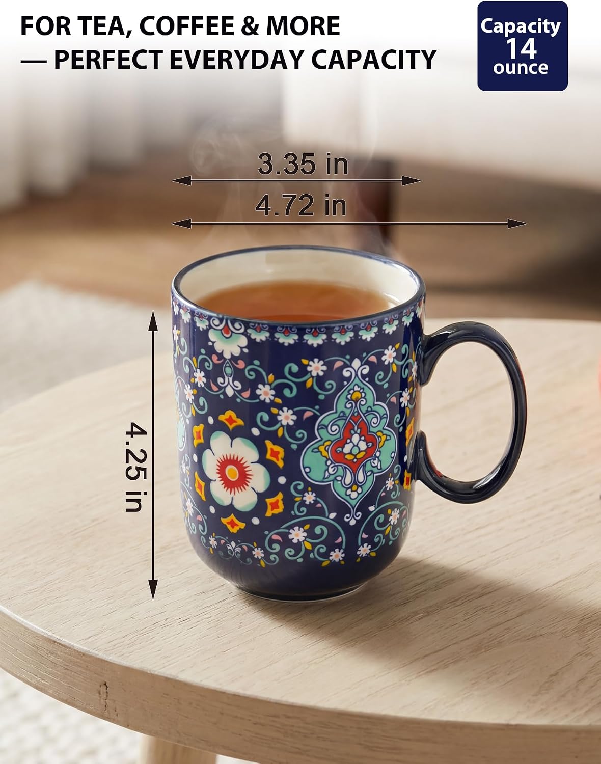 HENXFEN LEAD 14 oz Boho Ceramic Coffee Mug & Tea Cup - Midnight Blue