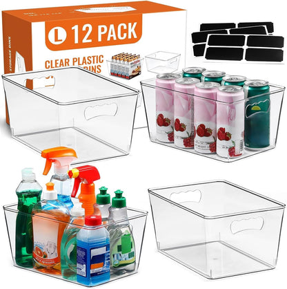 12 Pack LARGE Multi-Use Clear Storage Bins, Pantry Kitchen Organizer Bins