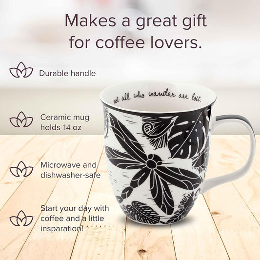 Karma Gifts, 14 oz Black and White Boho Mug, Cute Coffee and Tea Mug, Ceramic Coffee Mugs for Women and Men, Dragonfly