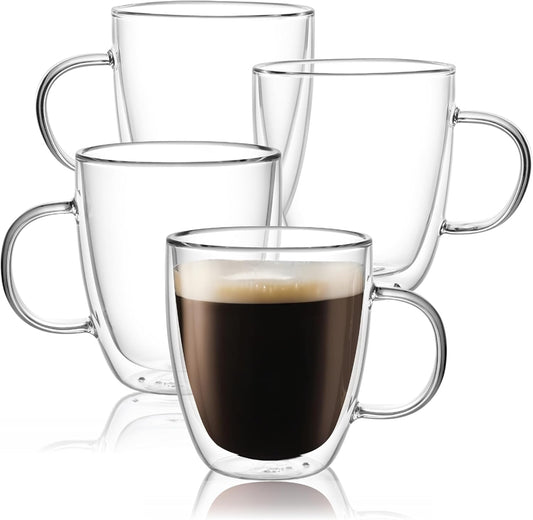 CNGLASS Large Glass Coffee Mugs 17oz,Double Walled Insulated Clear Coffee Cups with Handle,Clear Espresso Mugs for Cappuccino,Latte,Tea Bags,Hot and Cold Beverages,Set of 4