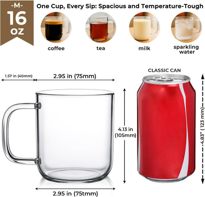Aquach 16oz Glass Coffee Mugs Set of 2, Large Clear Borosilicate Cups