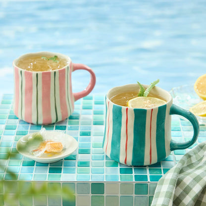 Hand-Painted Ceramic Coffee Mugs Set of 4 – 16oz Large Capacity Artistic Tea Cups with Checkerboard & Striped Patterns, Microwave & Dishwasher Safe for Home, Office, Kitchen (Summer Vibes Collection)