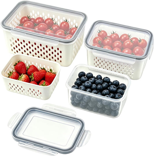 2 Pack Fruit Storage Containers for Fridge with Removable Colander, Grey