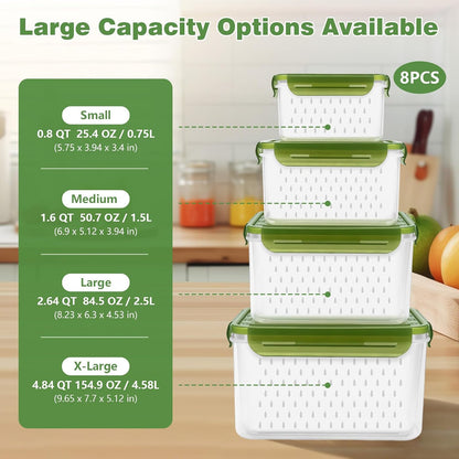 4 Pack Heavy-Duty Fruit Containers for Fridge,Food Storage Containers,Green