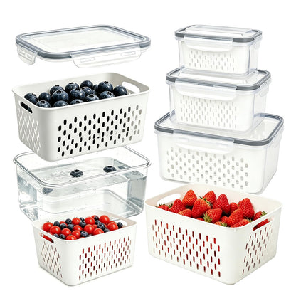 2 Pack Fruit Storage Containers for Fridge with Removable Colander, Grey
