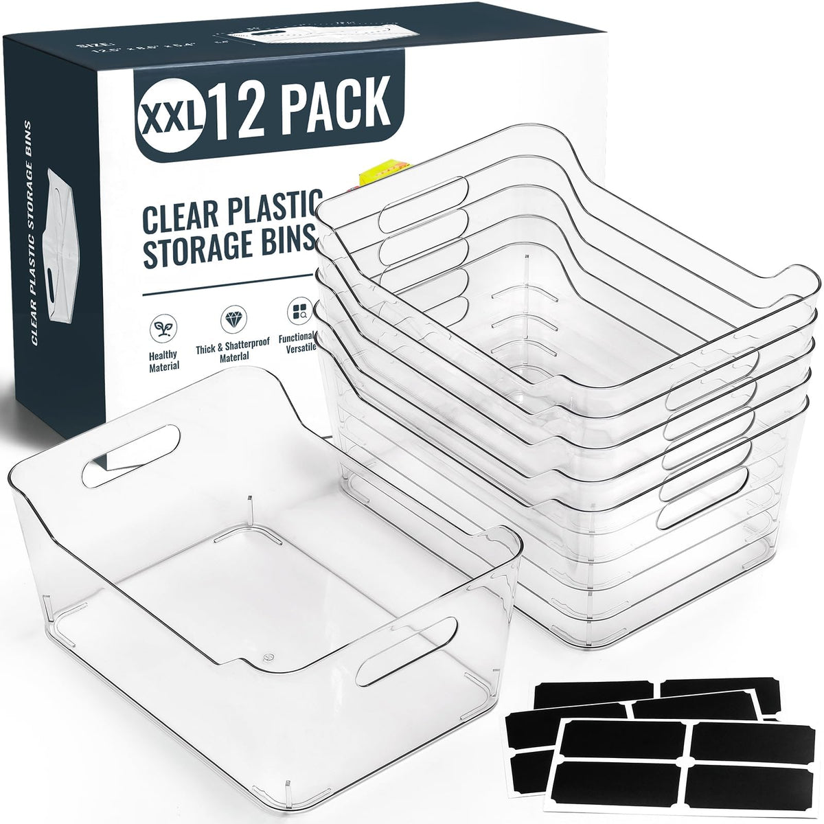 12 PACK Multi-Use Clear Storage Bins, Pantry Kitchen Cabinet Organizer Bins