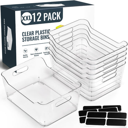 12 PACK Multi-Use Clear Storage Bins, Pantry Kitchen Cabinet Organizer Bins